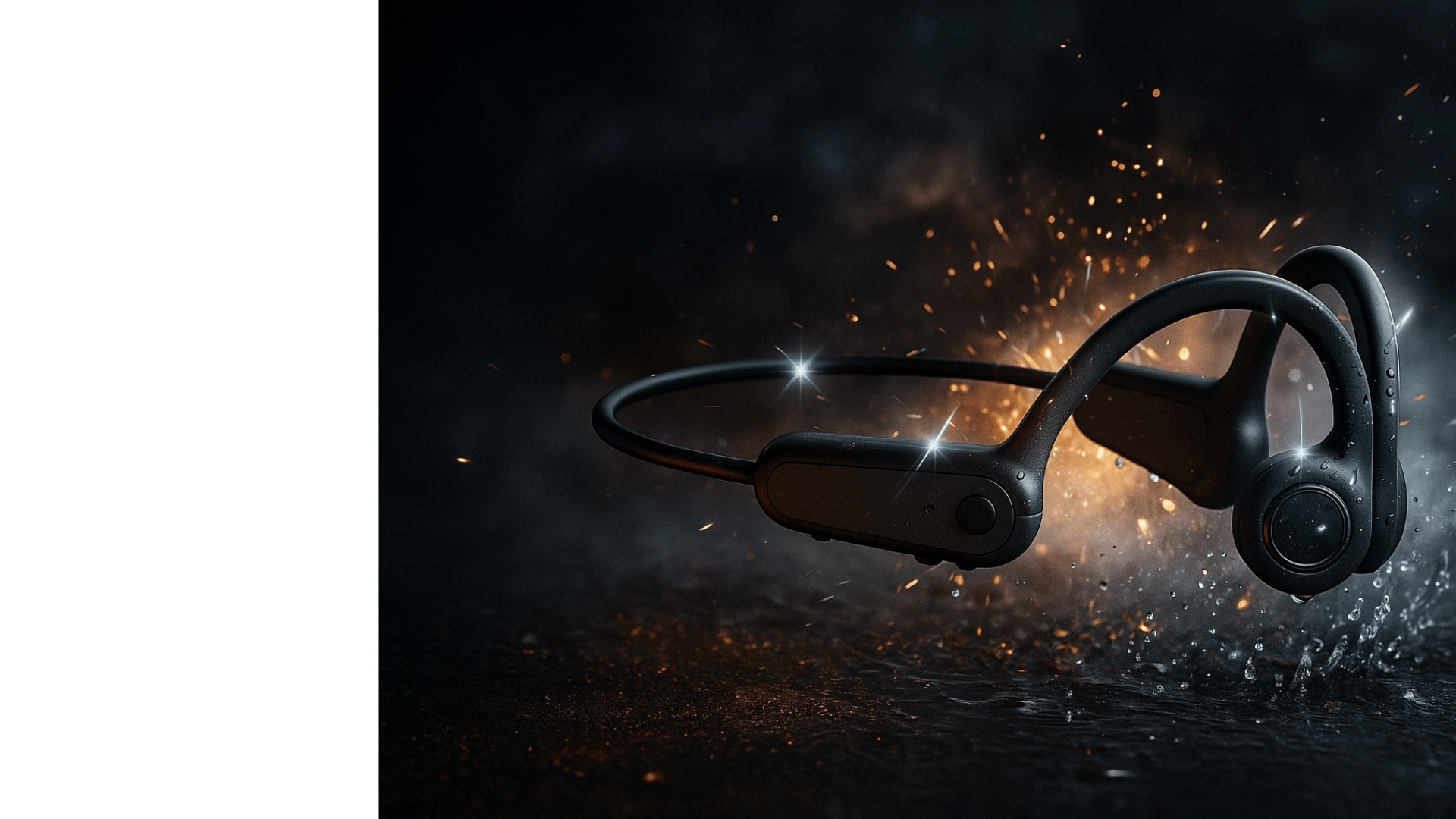 Écouteurs Osweave B8 noirs à conduction osseuse sur fond noir avec éclats lumineux et gouttes d’eau