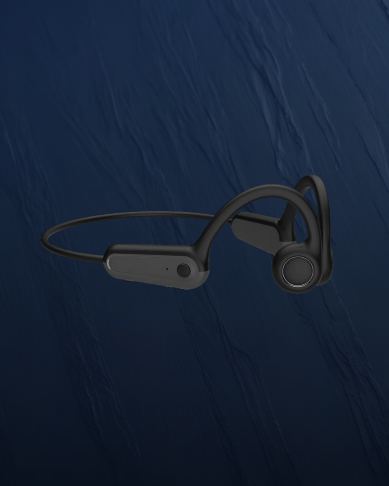 Écouteurs Osweave B8 noirs à conduction osseuse posés sur fond bleu, design sans fil léger et confortable