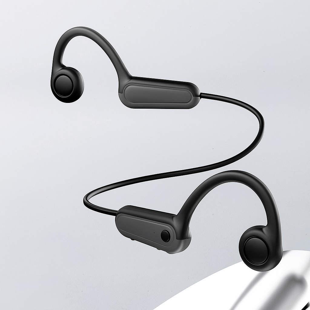 Écouteurs Osweave B8 noirs à conduction osseuse flexibles et extensibles, montrant leur conception pliable