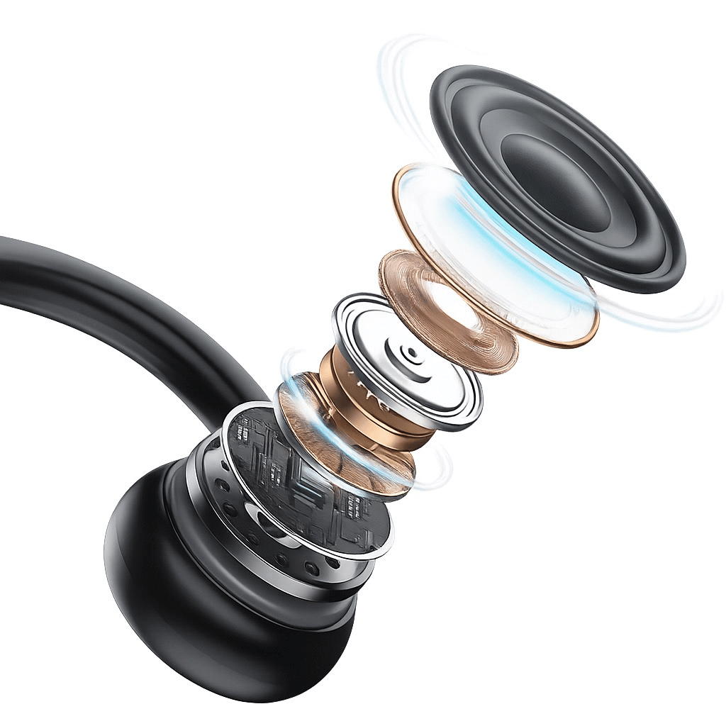 technologie acoustique avancée des écouteurs Osweave B8 noirs à conduction osseuse, conçue pour offrir un son clair et immersif sans compromettre le confort.