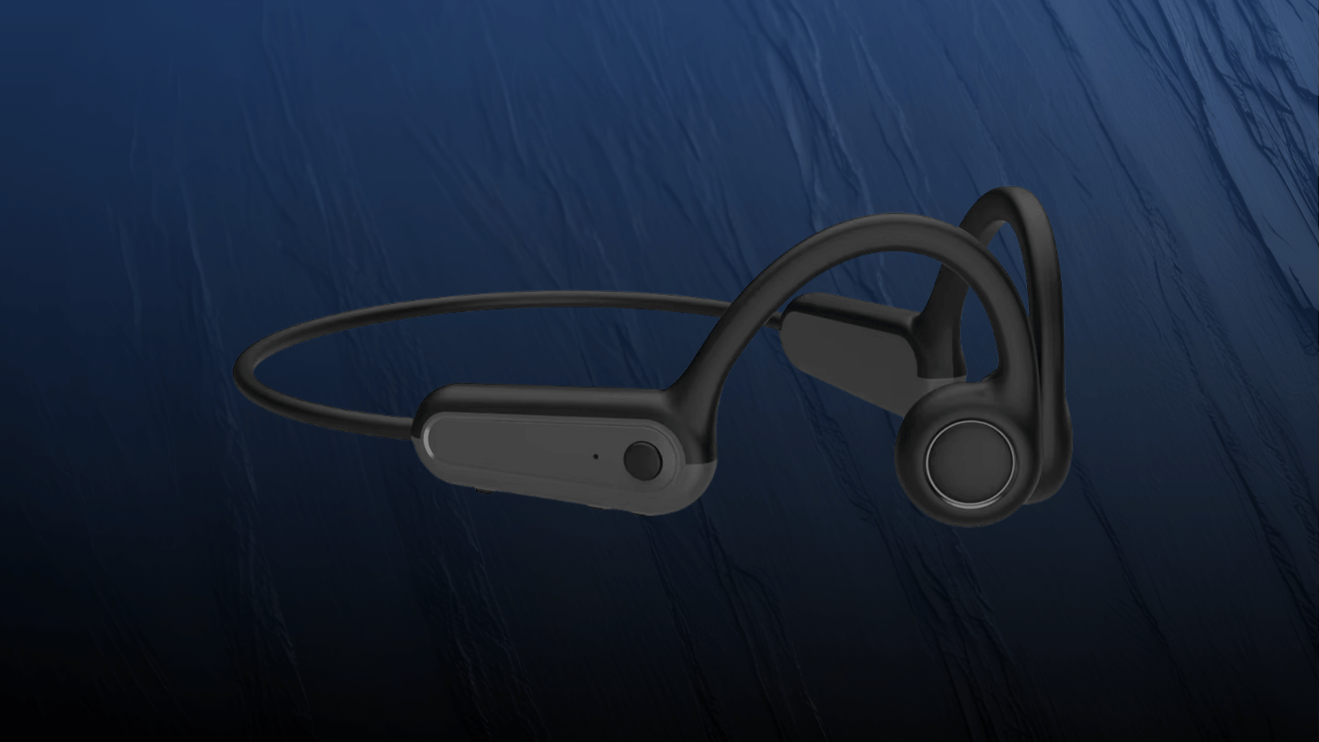 Écouteurs Osweave B8 noirs à conduction osseuse posés sur fond bleu, design sans fil léger et confortable